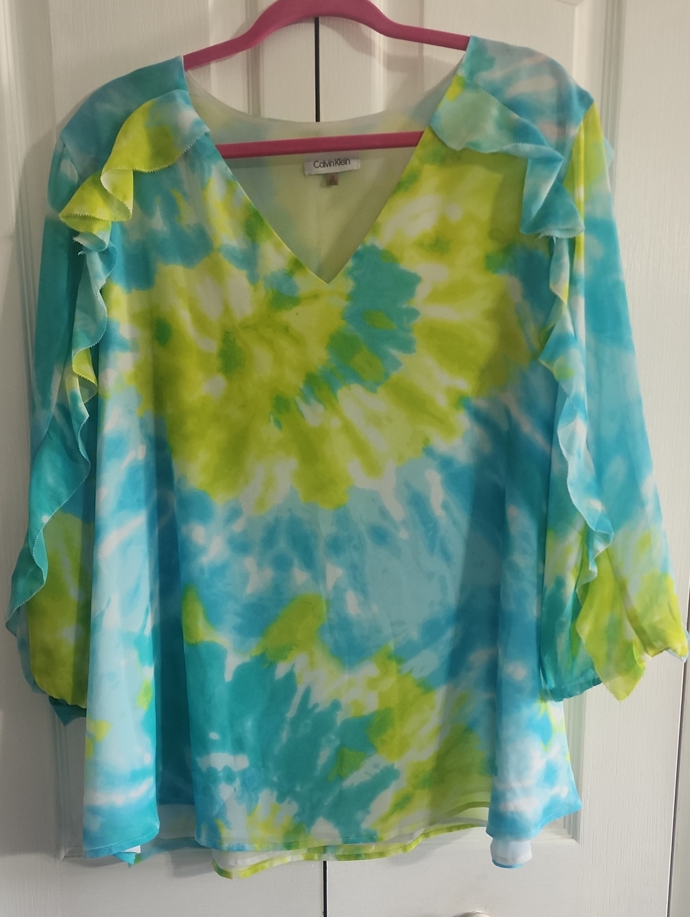 Calvin Klein Blue & Lime Tie-Dye V-Neck Ruffle Tunic